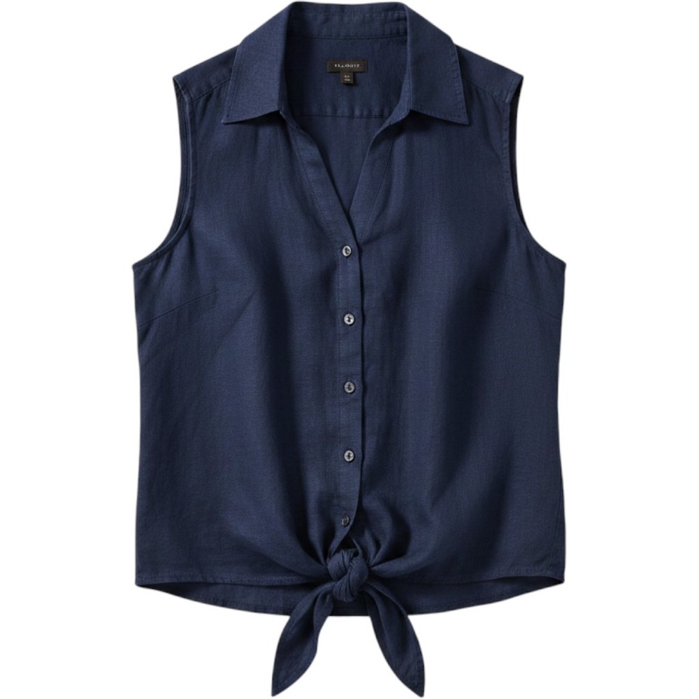 Women's Linen Navy Sleeveless Button Top Blouse Summer Cruise Casual Travel XS